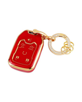 Carfib For Gmc Key Fob Cover Accessories Bling Yukon Slt Denali Yukon Xl 1500 Slt 2020 2019 2018 2017 Key Case Holder Car Remote Key Chain Ring Women Men Tpu Red Gold