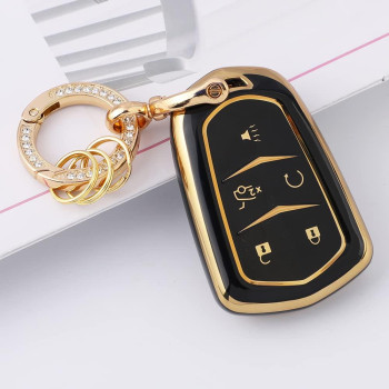 Carfib Key Fob Cover For Cadillac Accessories Ats Cts Ct6 Srx Xts Xt4 Xt5 Escalade 2022 2021 2020 2019 2018 Key Case Holder Car Remote Key Chain Ring Women Tpu Black Gold