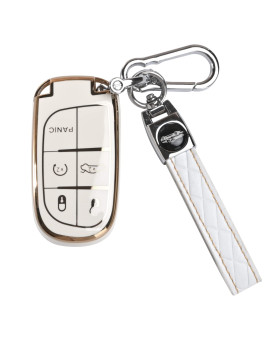 For Dodge Challenger Key Fob Cover - Soft Tpu Key Case Protector With Leather Keychain For Durango Charger,Jeep Grand Cherokee Renegade Compass Comander Smart Remote Key,3 4 5 Buttons(White)