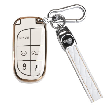 For Dodge Challenger Key Fob Cover - Soft Tpu Key Case Protector With Leather Keychain For Durango Charger,Jeep Grand Cherokee Renegade Compass Comander Smart Remote Key,3 4 5 Buttons(White)