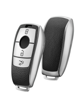 Oatsbasf Car Key Fob Cover For Mercedes Benz, Key Case For E Class S Class Tpu Protective Case (Silver-Leather Grain)