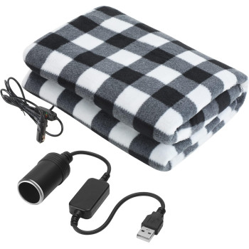 Electric Car Blanket 12V 58 X 43 Inch Travel Heated Fleece Blanket With Temperature Controller, Usb Charger Car Outlet Adapter For Car, Cold Weather Tailgating And Emergency Kit (Black White Plaid)