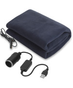 Electric Car Blanket 12V 58 X 43 Inch Travel Heated Fleece Blanket With Temperature Controller, Usb Charger Car Outlet Adapter For Car, Cold Weather Tailgating And Emergency Kit (Navy Blue Style)