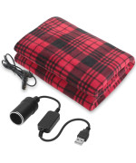 Electric Car Blanket 12V 58 X 43 Inch Travel Heated Fleece Blanket With Temperature Controller, Usb Charger Car Outlet Adapter For Car, Cold Weather Tailgating And Emergency Kit (Red Black Stripe)