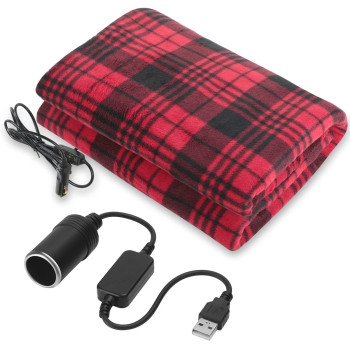 Electric Car Blanket 12V 58 X 43 Inch Travel Heated Fleece Blanket With Temperature Controller, Usb Charger Car Outlet Adapter For Car, Cold Weather Tailgating And Emergency Kit (Red Black Stripe)