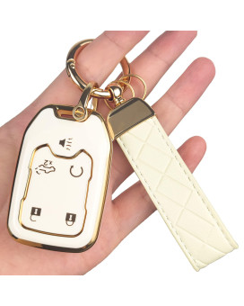 Ollen Key Fob Cover With Leather Keychain, Fit For 2017-2023 Gmc Acadia, 2019-2023 Terrain, 2019-2021 Gmc Sierra, Chevy Silverado, Full Protection Soft Tpu Key Case, 5 Button, With Keychain, White