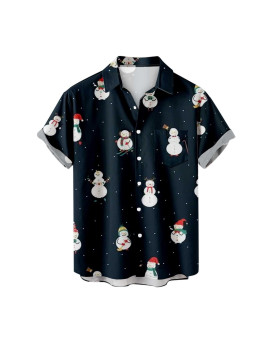 Snowman Graphic T Shirt Mens Christmas Shirts Loose Fit Button Down Holiday Vacation Party Dress Tops