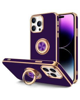 Hython Case For Iphone 14 Pro Case With Ring Stand 360A Rotatable Ring Holder Magnetic Kickstand] Support Car Mount] Plated Gold Edge Slim Soft Tpu Luxury Protective Phone Case Cover, Dark Purple