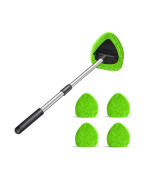 Windshield Cleaning Tool, Car Window Cleaner With 4 Washable Reusable Microfiber Pads, Extendable Long Handle Glass Wiper Cleaning Kit, Auto Accessories Universal For Office And Home (Green)