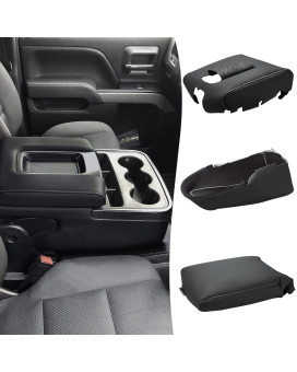 Kbh Auto Center Console Armrest Cover Full Set For Chevy Chevrolet Silverado & Gmc Sierra 2014-2018 Pu Leather Armrest Storage Jump Seat Replacement Black-Gray Stitch