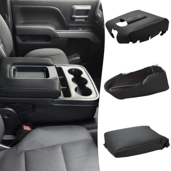 Kbh Auto Center Console Armrest Cover Full Set For Chevy Chevrolet Silverado & Gmc Sierra 2014-2018 Pu Leather Armrest Storage Jump Seat Replacement Black-Gray Stitch