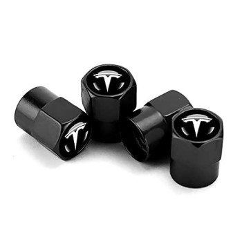 4Pcs Auto Tire Air Valve Caps- Car Wheel Tyre Dust Stems Cover With Logo Emblem Waterproof Dust-Proof Universal Fit For All Cars (Black, Fit Tesla)