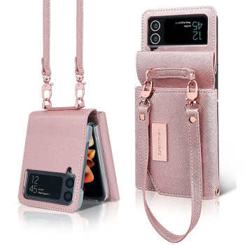 Ximand For Flip Case With Leather Wallet,Wristlet Strap Zipper Wallet Hinge Part Protected For Samsung Galaxy Z Flip 4 5G,Fashion Handbag Gift For Women Ladys(Rose Gold)