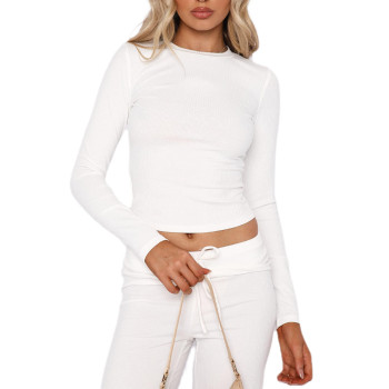 Kmbangi Women Sexy Slim Crop Shirt Long Sleeve Crewneck Fitted Tshirts Top Button Rib Knit Cropped Tee Blouse Retro Streetwear(E Ribbed White,S)