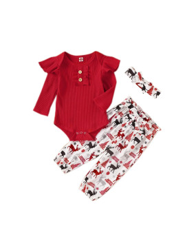 Kislio Newborn Baby Girls Clothes Ribbed Ruffled Romperfloral Pantsheadband Infant Outfit Set