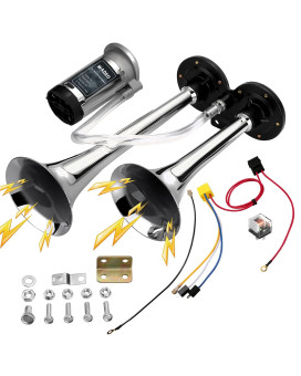 Wadeo 150Db Air Train Horn Kit For Car, Super Loud Twin Tone Chrome Plated Zinc Dual Trumpet With Compressor For Any 12V Trucks Lorrys Trains Vans Boats (Silver)