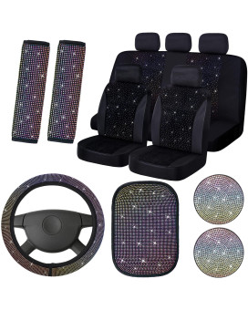 15 Pcs Bling Velvet Fabric Car Seat Covers Full Set Black Bling Car Accessories For Women, Diamond Steering Wheel Cover Rhinestone Crystal Seat Belt Cover, Center Console Pad Car Decor (Colorful)