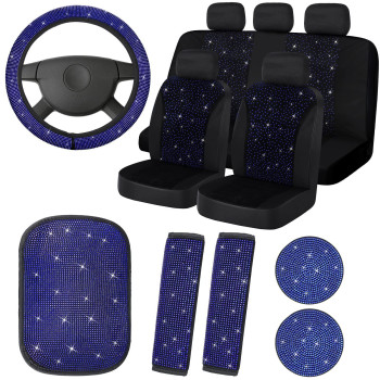 15 Pcs Bling Velvet Fabric Car Seat Covers Full Set Black Bling Car Accessories For Women, Diamond Steering Wheel Cover Rhinestone Crystal Seat Belt Cover, Center Console Pad Car Decor (Blue)