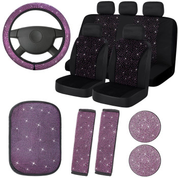 15 Pcs Bling Velvet Fabric Car Seat Covers Full Set Black Bling Car Accessories For Women, Diamond Steering Wheel Cover Rhinestone Crystal Seat Belt Cover, Center Console Pad Car Decor (Pink)