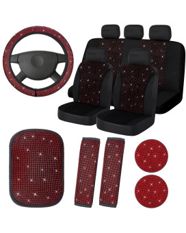 15 Pcs Bling Velvet Fabric Car Seat Covers Full Set Black Bling Car Accessories For Women, Diamond Steering Wheel Cover Rhinestone Crystal Seat Belt Cover, Center Console Pad Car Decor (Red)