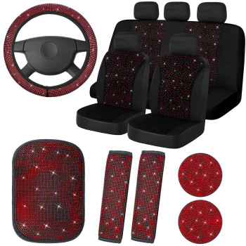 15 Pcs Bling Velvet Fabric Car Seat Covers Full Set Black Bling Car Accessories For Women, Diamond Steering Wheel Cover Rhinestone Crystal Seat Belt Cover, Center Console Pad Car Decor (Red)