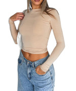 Kmbangi Women Sexy Slim Crop Shirt Long Sleeve Crewneck Fitted Tshirts Top Knit Cropped Tee Blouse Retro Streetwear(Trendy Beige,L)