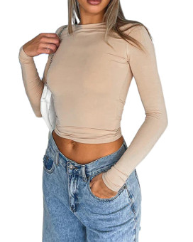 Kmbangi Women Sexy Slim Crop Shirt Long Sleeve Crewneck Fitted Tshirts Top Knit Cropped Tee Blouse Retro Streetwear(Trendy Beige,L)