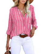 Astylish Womens V Neck Roll Up Sleeve Stripe Button Up Collared Blouses Henley Shirts Rose Xx-Large
