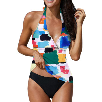 Evaless Womens Sexy 2 Piece Color Block Swimsuits Fashion Tummy Control Tankini Bathing Suits For Women Summer Tankini Top With Drawstring Skirt Swimwear Multicolor Small