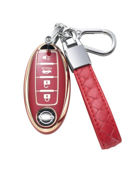 Chezenhui Compatible With Nissan Key Fob Cover With Leather Lanyard, Car Key Case Shell Protection For Nissan Altima Rogue Sentra Pathfinder Frontier Maxima Titan 4 Button Remote Smart Key,Red