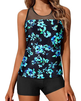 Yonique Tankini Swimsuits For Women With Shorts Athletic Two Piece Bathing Suits Racerback Tank Tops Swimwear Blue Flower And Black Xl