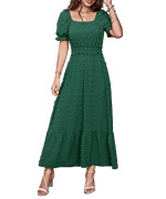 Prettygarden Womens Boho Maxi Dress Puff Short Sleeve Square Neck Swiss Dot Smocked Waist Ruffle Hem Tiered Long Dresses(Dark Green,Large)