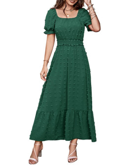 Prettygarden Womens Boho Maxi Dress Puff Short Sleeve Square Neck Swiss Dot Smocked Waist Ruffle Hem Tiered Long Dresses(Dark Green,Large)