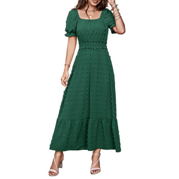 Prettygarden Womens Boho Maxi Dress Puff Short Sleeve Square Neck Swiss Dot Smocked Waist Ruffle Hem Tiered Long Dresses(Dark Green,Large)