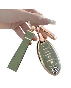 For Nissan Key Fob Cover Two Different Materials Keychain Accessories 5 Colors Tpu Key Cover For Nissan 345 Buttons Altima Maxima Rogue Armada Pathfinder Smart Key (4 Buttons Gold Edge Green)