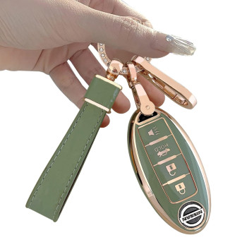 For Nissan Key Fob Cover Two Different Materials Keychain Accessories 5 Colors Tpu Key Cover For Nissan 345 Buttons Altima Maxima Rogue Armada Pathfinder Smart Key (4 Buttons Gold Edge Green)