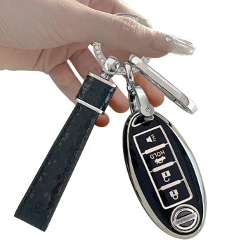 For Nissan Key Fob Cover Two Different Materials Keychain Accessories 5 Colors Tpu Key Cover For Nissan 345 Buttons Altima Maxima Rogue Armada Pathfinder Smart Key (4 Buttons Silver Edge Black)