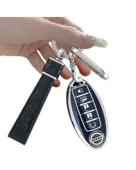 For Nissan Key Fob Cover Two Different Materials Keychain Accessories 5 Colors Tpu Key Cover For Nissan 345 Buttons Altima Maxima Rogue Armada Pathfinder Smart Key (5 Buttons Silver Edge Black)