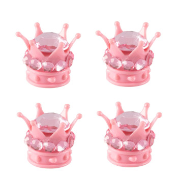 Singaro Car Crown Tire Valve Cap, Bling Crystal Diamond Chrome Plated Crown Tire Valve Stem Covers, Applicable To Cars, Trucks, Bicycles And Motorcycles, Car Exterior Accessories (4Pcs Pink)