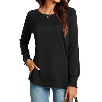 Taohuadao Womens 2023 Fall Casual Long Sleeve T-Shirt Side Split Tunic Tops For Leggings Loose Crewneck Smocked Cuff Sweater Small, Black