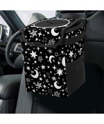 Gactivity Gothic Black White Moon Stars Car Trash Can With Lid Collapsible Reusable Waterproof Car Garage Bag,Automotive Garbage Can,Car Accessories Interior Car Organizer