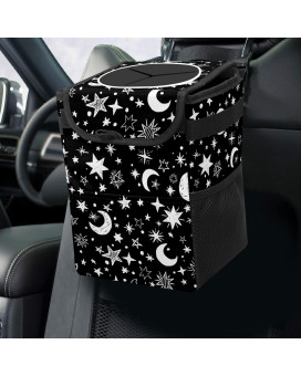 Gactivity Gothic Black White Moon Stars Car Trash Can With Lid Collapsible Reusable Waterproof Car Garage Bag,Automotive Garbage Can,Car Accessories Interior Car Organizer