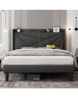 Feonase Full Size Bed Frame With Type-C Usb Ports, Upholstered Platform Bed Frame With Wingback Storage Headboard, Solid Wood Slats Support, No Box Spring Needed, Noise-Free, Dark Gray