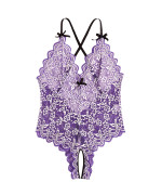 Romwe Womens Plus Size One Piece Teddy Lingerie Floral Lace Bodysuit Babydoll Light Purple 2Xl
