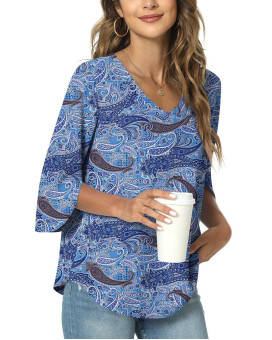 Taohuadao Womens 2023 Casual V-Neck Loose Tunic Top For Leggings 34 Sleeve Chiffon Blouse Shirt Tops 3X-Large, Fl Cashew Cyan-Blue