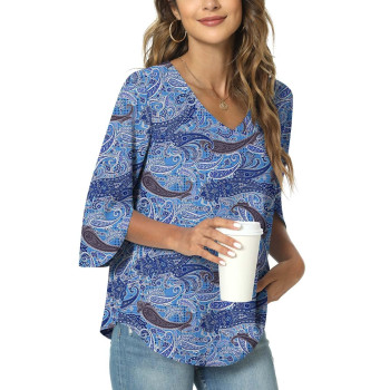 Taohuadao Womens 2023 Casual V-Neck Loose Tunic Top For Leggings 34 Sleeve Chiffon Blouse Shirt Tops 3X-Large, Fl Cashew Cyan-Blue