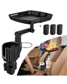 Car Cup Holder Expander Tray, 4-In-1 Detachable Upgraded Car Food Tray Table With Dual Cup Holder, Phone Holder, 360Arotation Adjustable Base, Road Trip Essentials Car Accessories For Men And Women