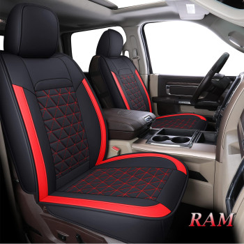 Coverado Front Car Seat Covers 3 Pieces, Waterproof Leather Dodge Ram Seat Cover Protectors Custom Fit For Ram 1500 2500 3500 2002-2023(Front Pair, Red)