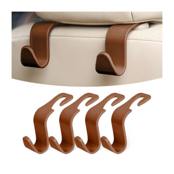 4Pcs Car Back Seat Headrest Hooks, Rear Car Seat Storage Headrest Hanger Holder Hooks Organizer, Universal Auto Interior Accessories For Bag Purse Handbag Cloth Coats Grocery (Brown)