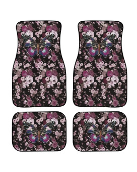 For U Designs 4 Piece Butterfly Print Car Floor Mats For Trucks,Heavy Duty Rubber Floor Mats Floral Style Carpet Anti-Slip Front Rear Car Floor Mats All Weather Floor Mats Protector,Pink